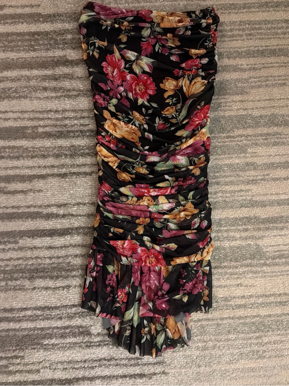 Black Floral Ruched Tube Dress with Ruffle Hem